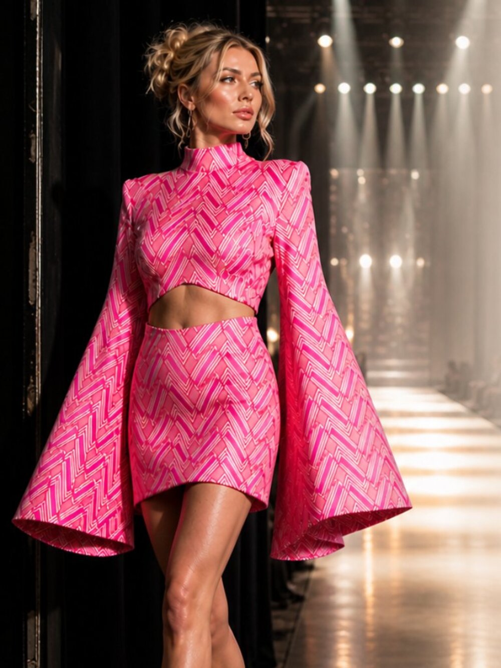 Claude Kameni Lavie Pink Chevron Cutout Bell Sleeve Mini Dress Size S Editorial